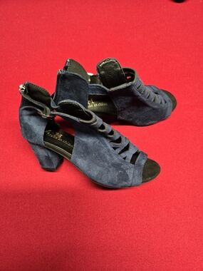 Navy Suede Peep-Toe Cutout Block Heel Sandals